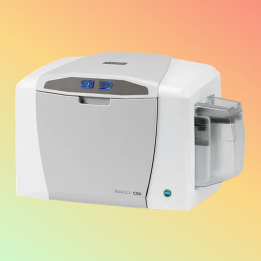 alt="Close-up of Fargo DTC C50 ID card printer"