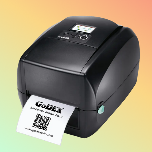 Godex RT730i desktop barcode printer showcasing USB and Ethernet ports
