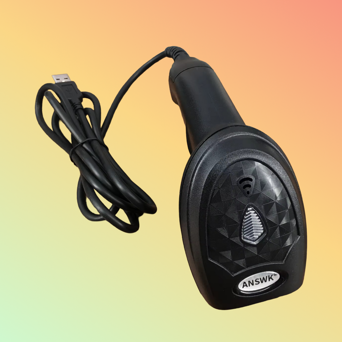 ANSWK H5400 Handheld Barcode Scanner, front view with USB connection.