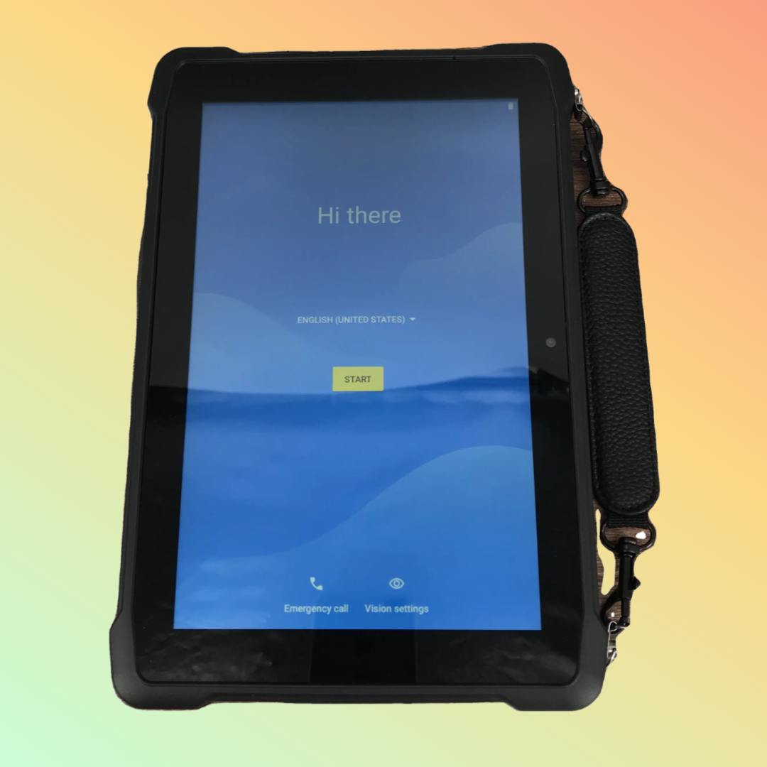 Close-up view of ANSWK T910-T11P tablet with rugged frame
