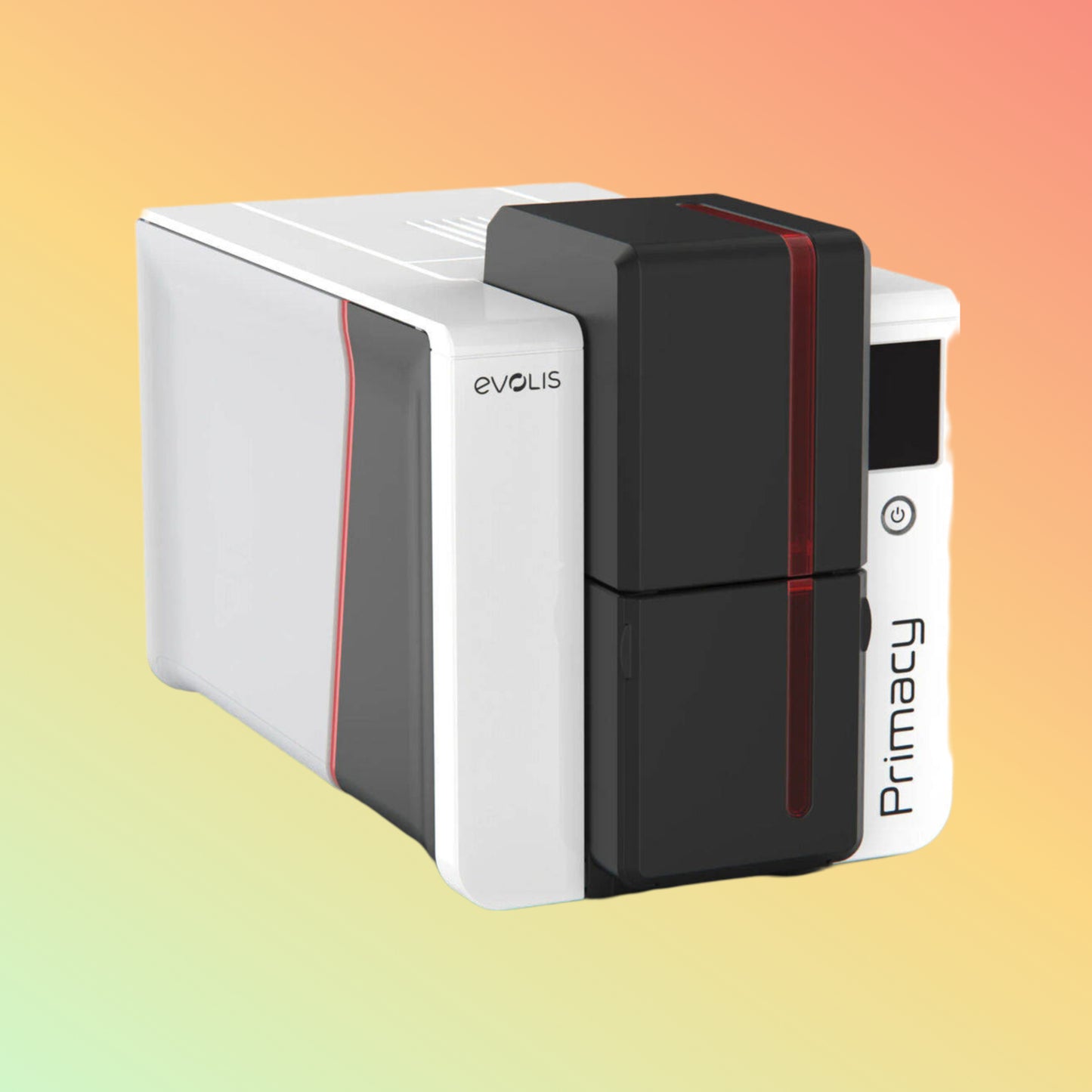 Evolis Primacy Dual-Side ID Card Printer Front View - A sleek and compact ID card printer showing the front view with card slots.