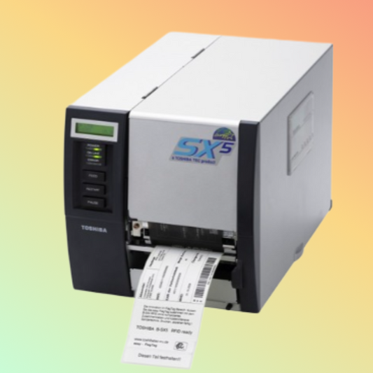 "Toshiba B-SX5T thermal transfer label printer, front view with print media"
