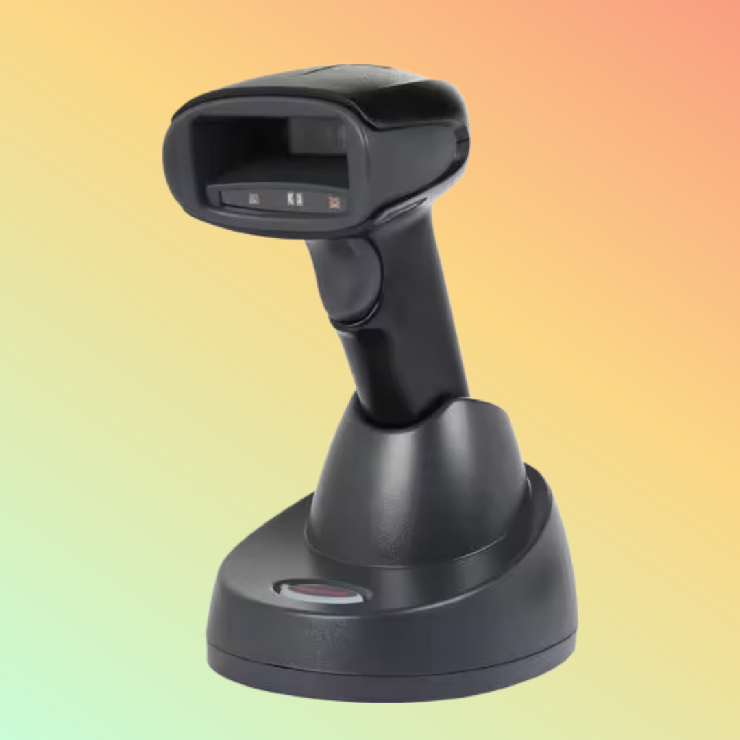 Honeywell 1902GSR wireless 2D barcode scanner with cradle, black design
