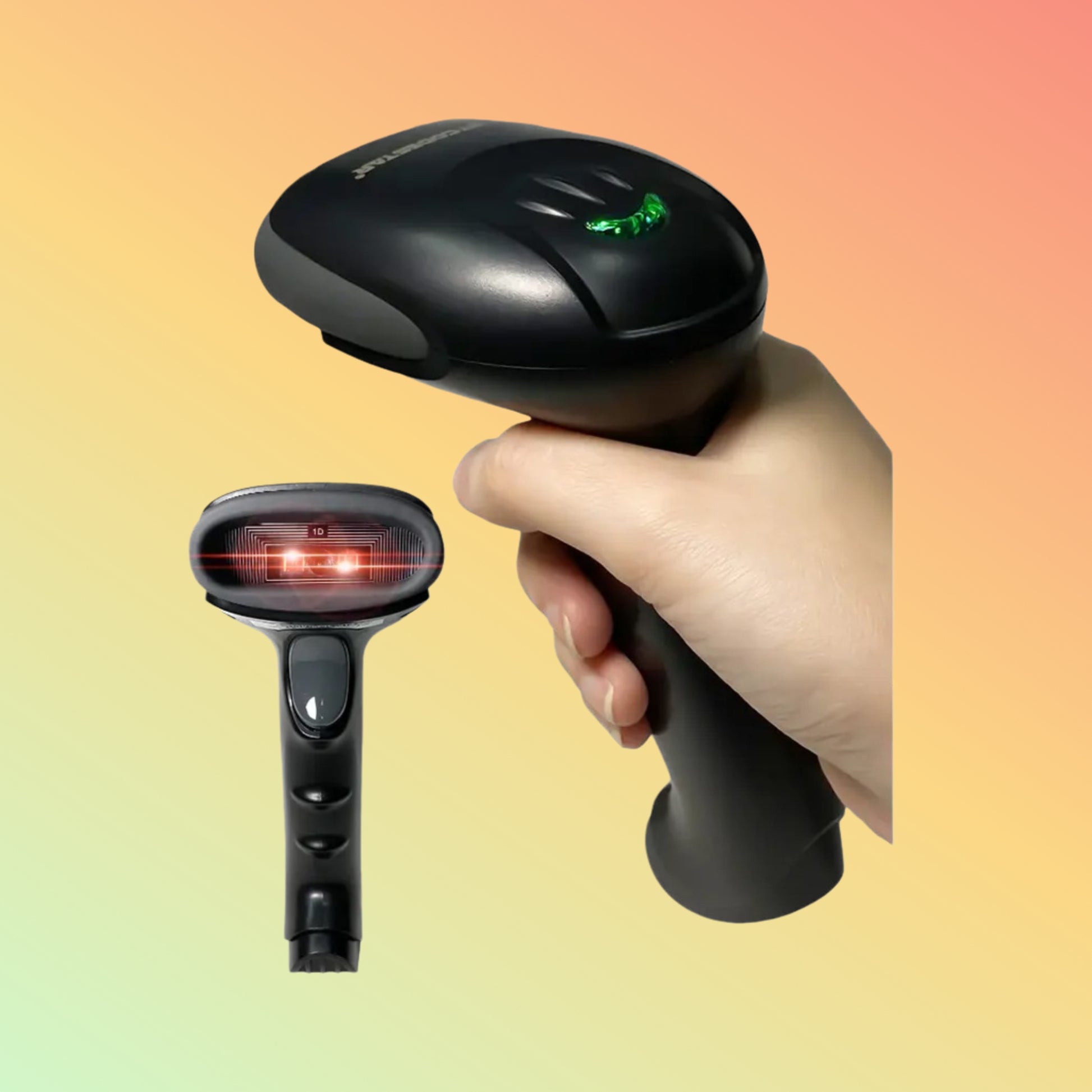 "Postech PT-R970 Bluetooth 2D Barcode Scanner with Stand in action"