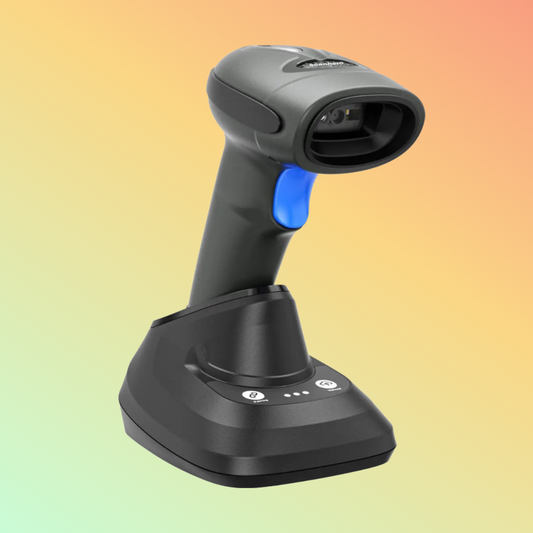 Scanhero 1D/2D QR Barcode Scanner with visible laser, black finish, featuring 3-in-1 transmission with USB, Bluetooth, and 2.4G connectivity.