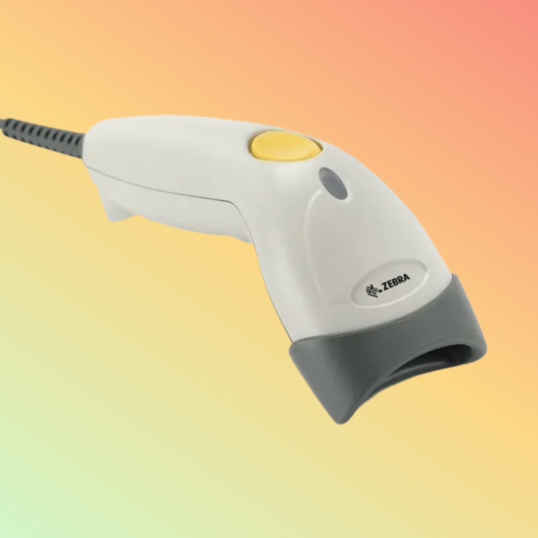 "Zebra LS1203 barcode scanner angled view, ergonomic handheld design with single-line laser scanning for efficient retail use."

