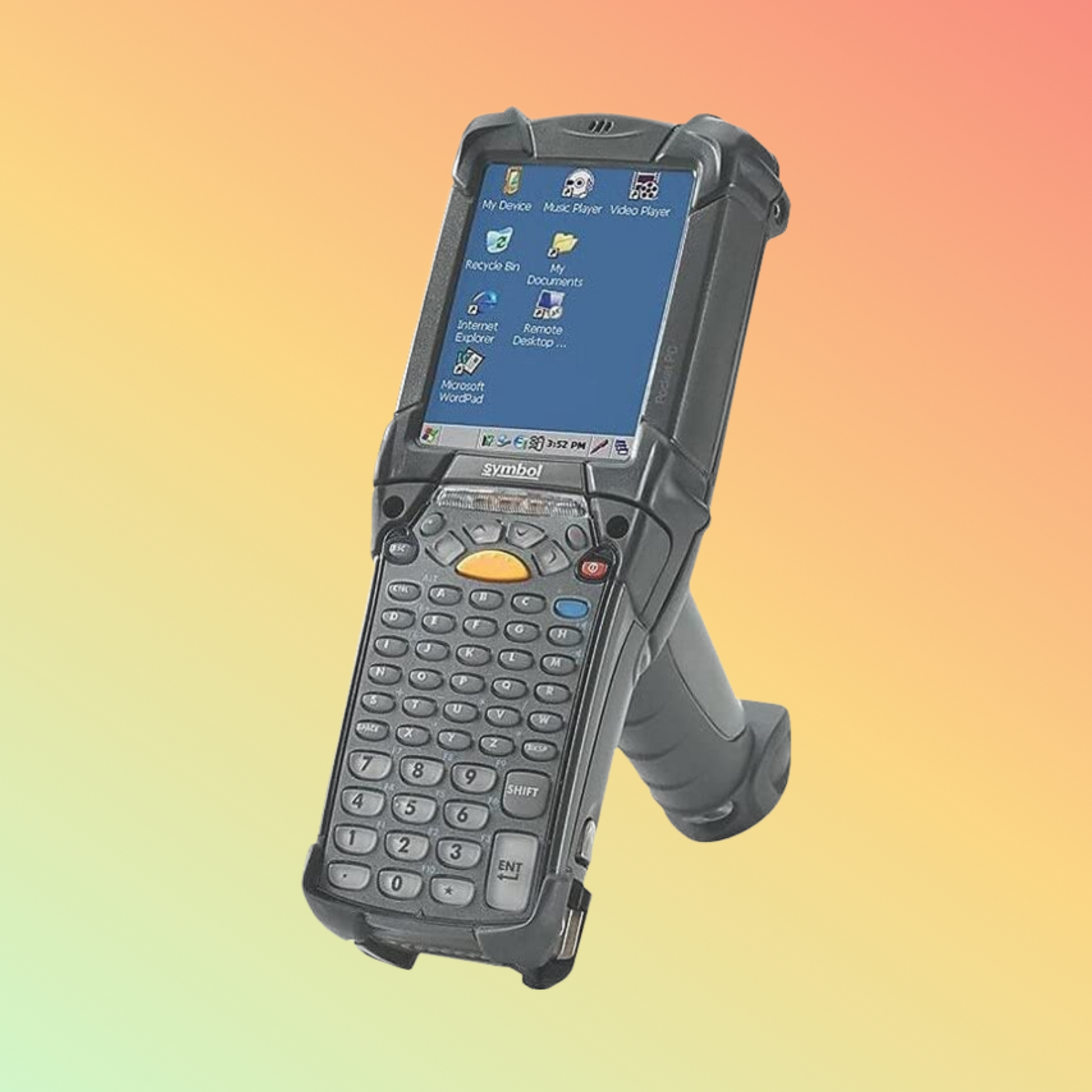 "Side view of MC9200 Mobile Computer highlighting robust construction and ergonomic grip."