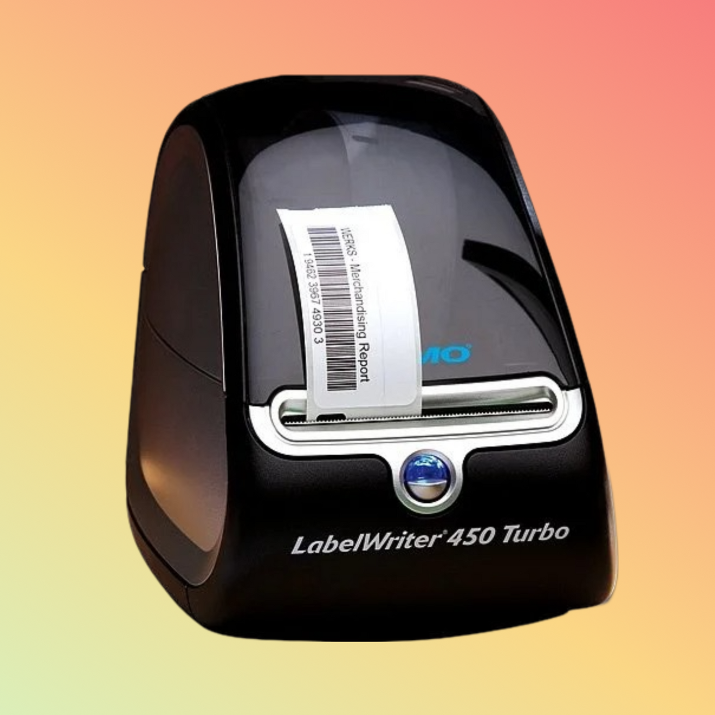 Close-up of DYMO 550 Turbo printing a barcode label
