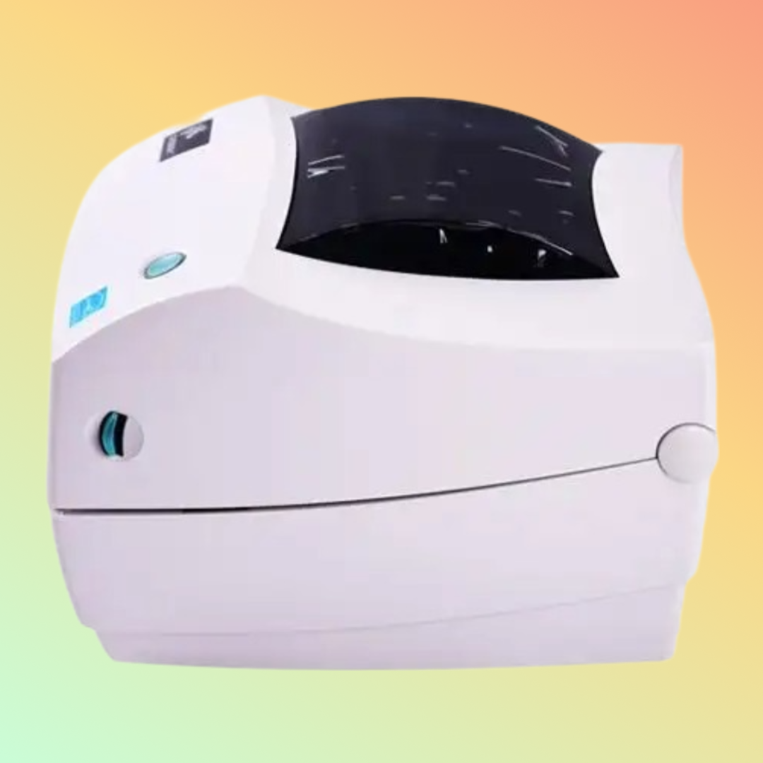 "Zebra GK888T barcode printer with loaded label roll"
