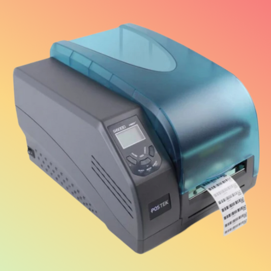 "Postek G-3106 thermal transfer barcode printer with 300 DPI resolution"
