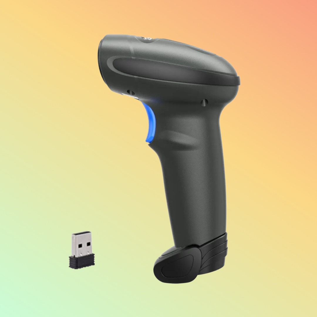 "Side view of Scanhero handheld barcode scanner, showcasing ergonomic grip and compact design, optimized for warehouse and POS systems."