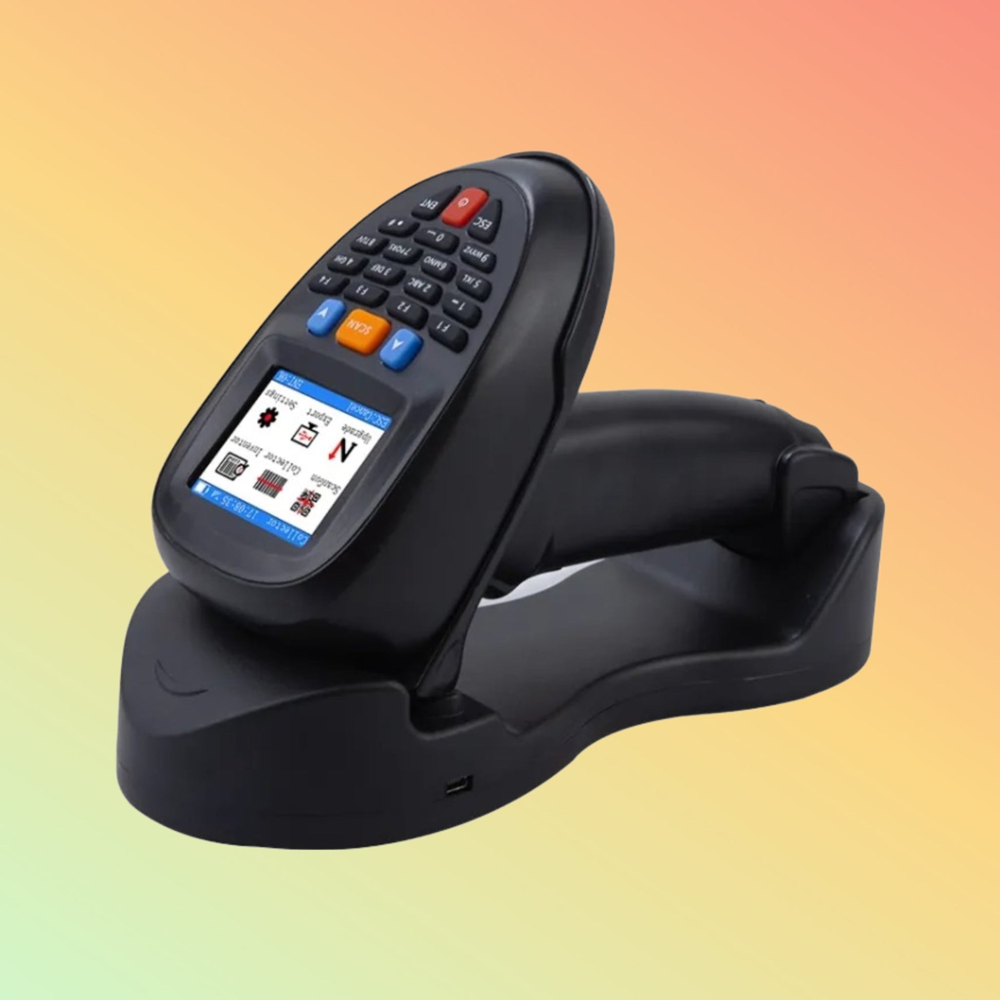 "NT-R7103 Barcode Scanner on charging cradle, featuring USB connectivity for efficient data transfer and recharging."