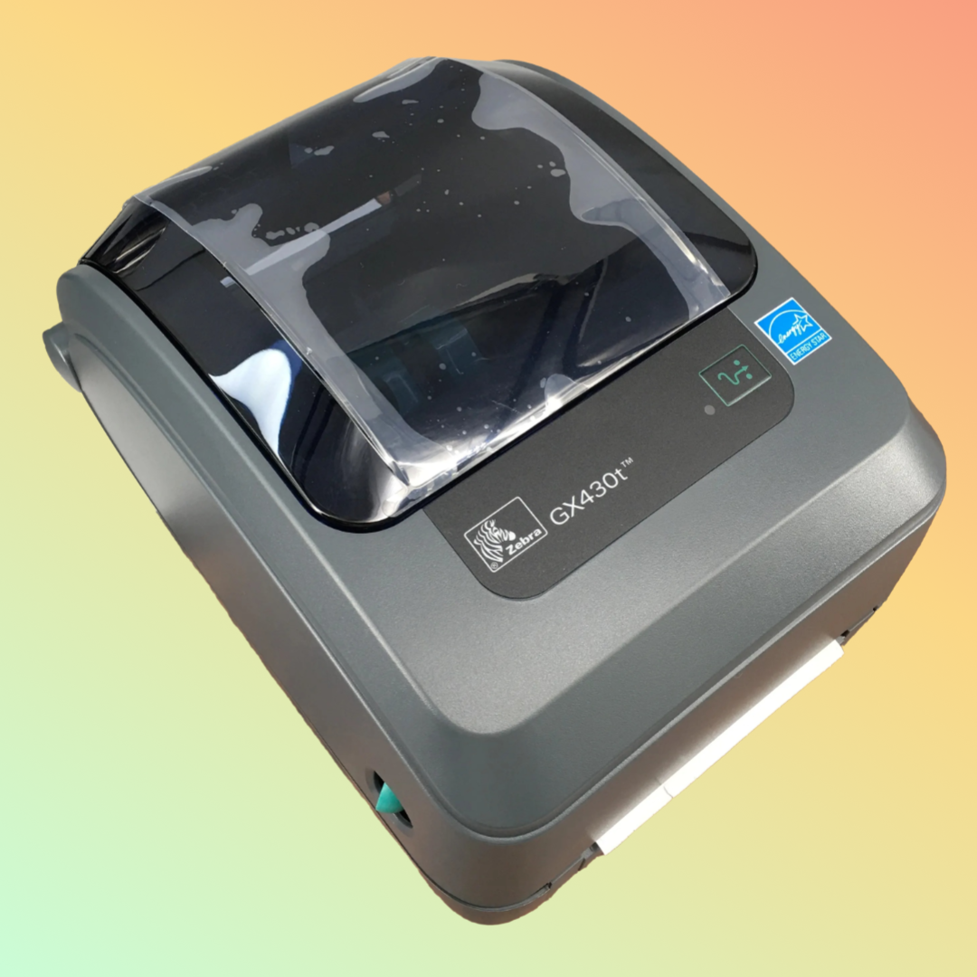 GX430t barcode printer showing its compact design and USB/LAN ports
