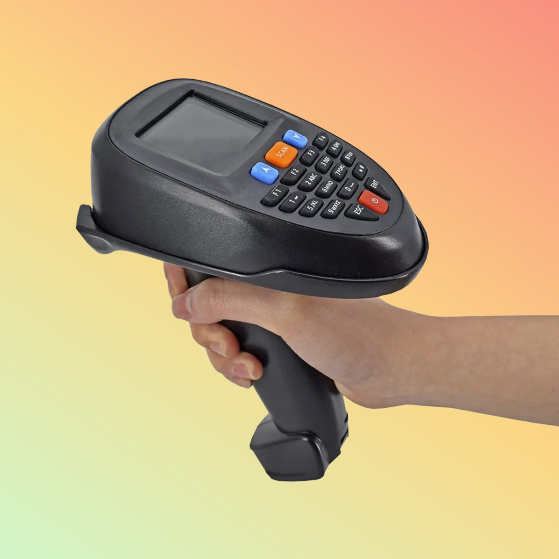 "Close-up of NEOTECH NT-R7103 wireless barcode scanner, showing handheld design with ergonomic grip and color LCD screen for easy use."