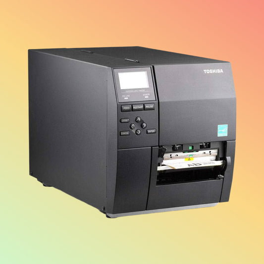 "Industrial Barcode Printer in Action, Toshiba B-EX4T1 Model, High-Speed Printing"