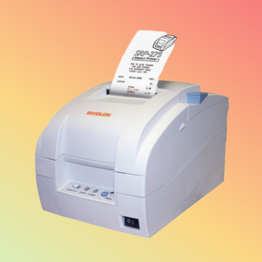 SRP-275III printer in use in a retail environment, emphasizing its efficiency and compact size.