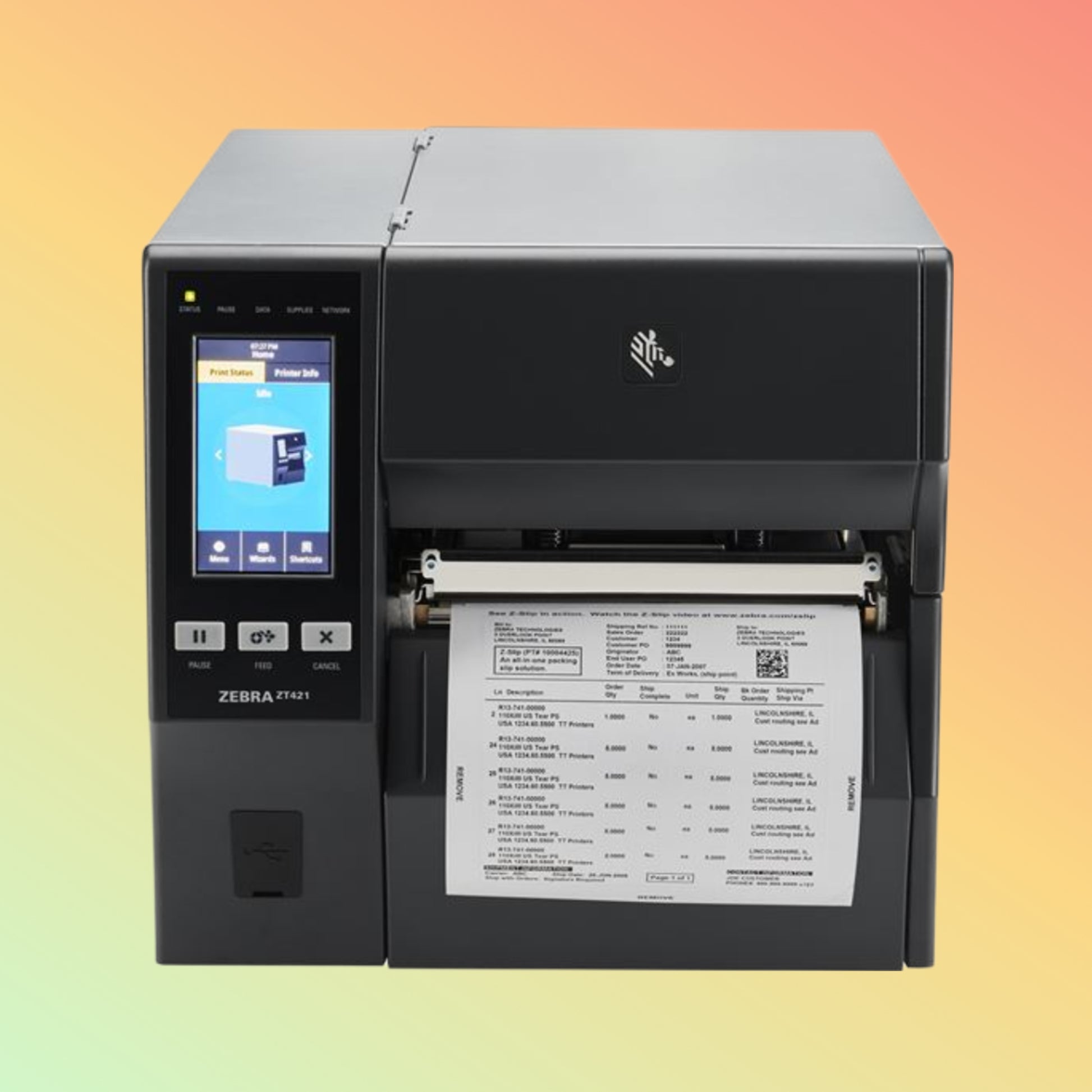 "Zebra ZT421 RFID Printer with USB, Serial, Ethernet, and Bluetooth connectivity options for versatile industrial use."