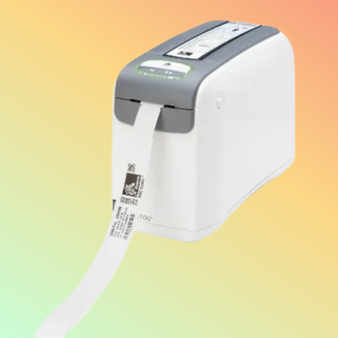 "Zebra HC100 300dpi direct thermal wristband printer in use"
