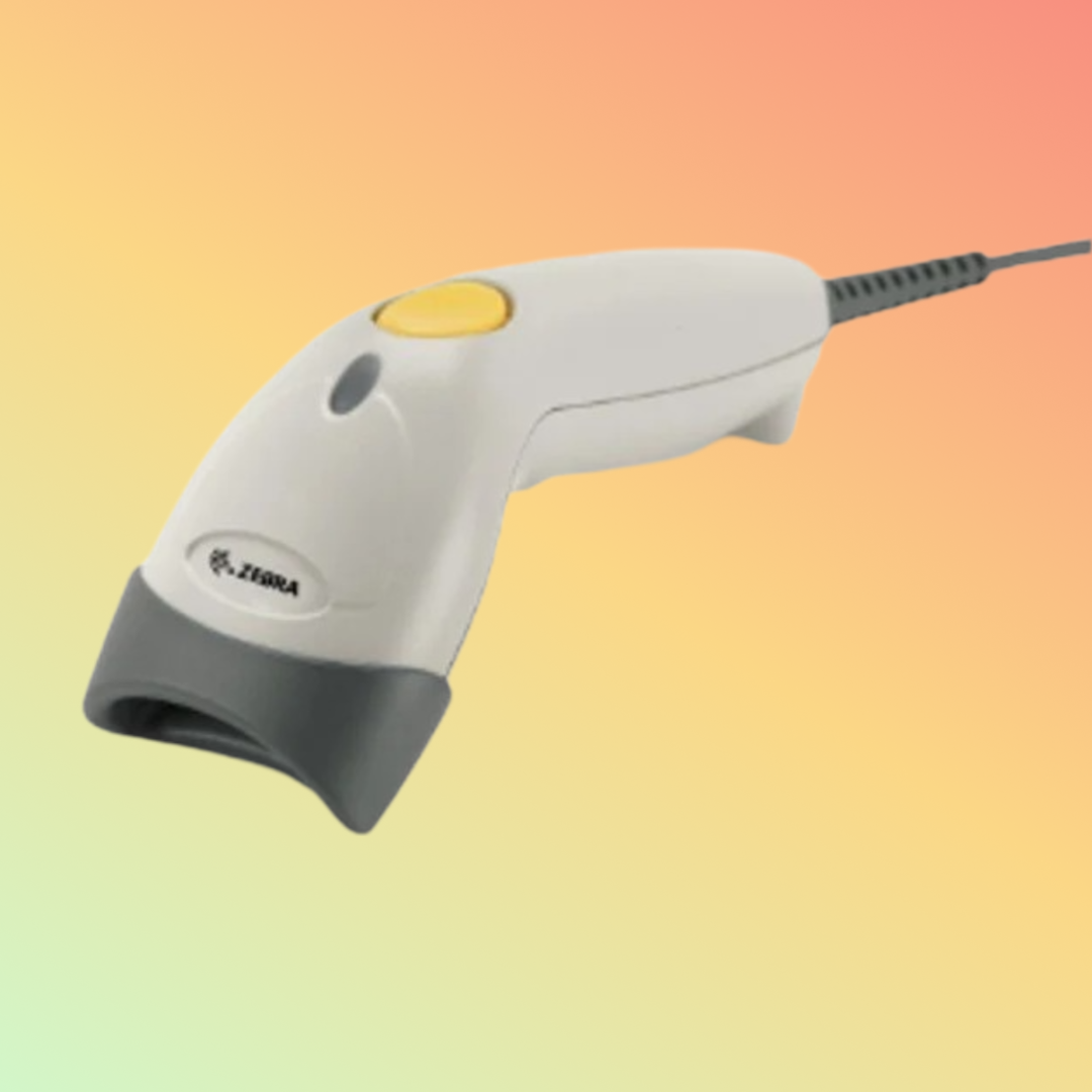 "Close-up of Zebra LS1203 barcode scanner’s trigger and laser scanner lens, designed for precise 1D scanning."

