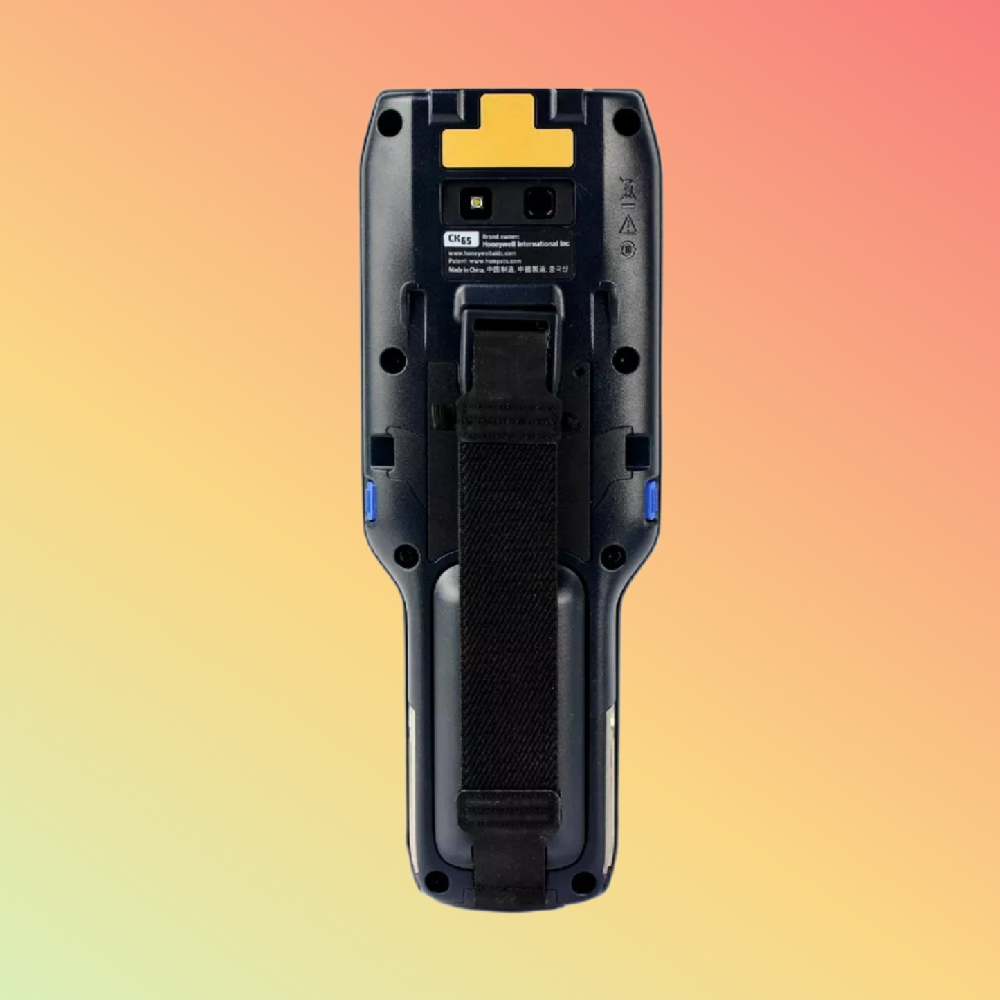 Detailed view of CK65's 2D scan engine and IP67 rugged housing.
