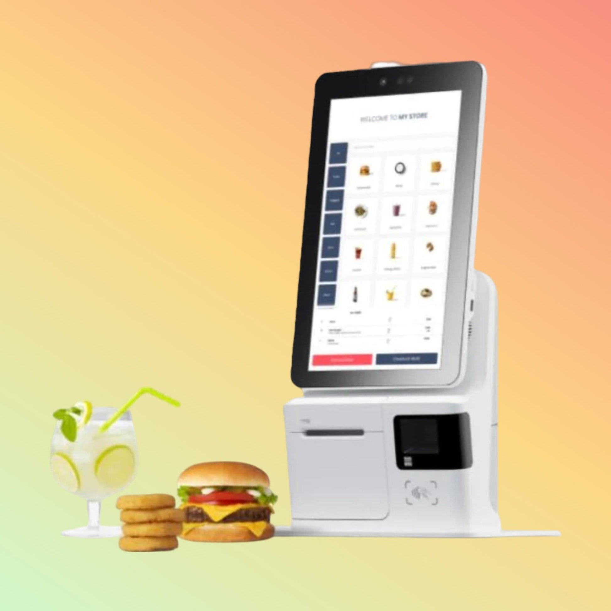 "Sunmi K2 Mini self-service kiosk with a 10.1-inch touchscreen."