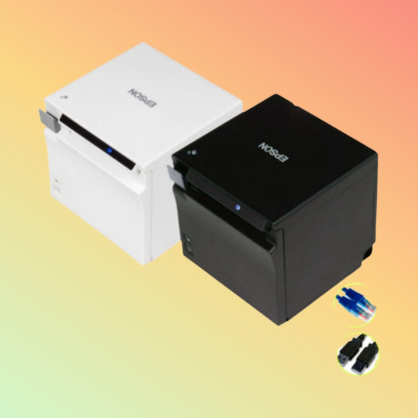 Epson TM-m30II in compact black design on a retail counter, connected via Bluetooth