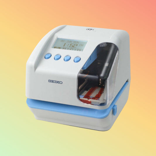 Alt Text 1: Seiko TP50 Time & Date Stamp Machine with dual-line printing.