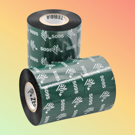 Zebra 5095 Resin Ribbon roll with durable black resin ink.