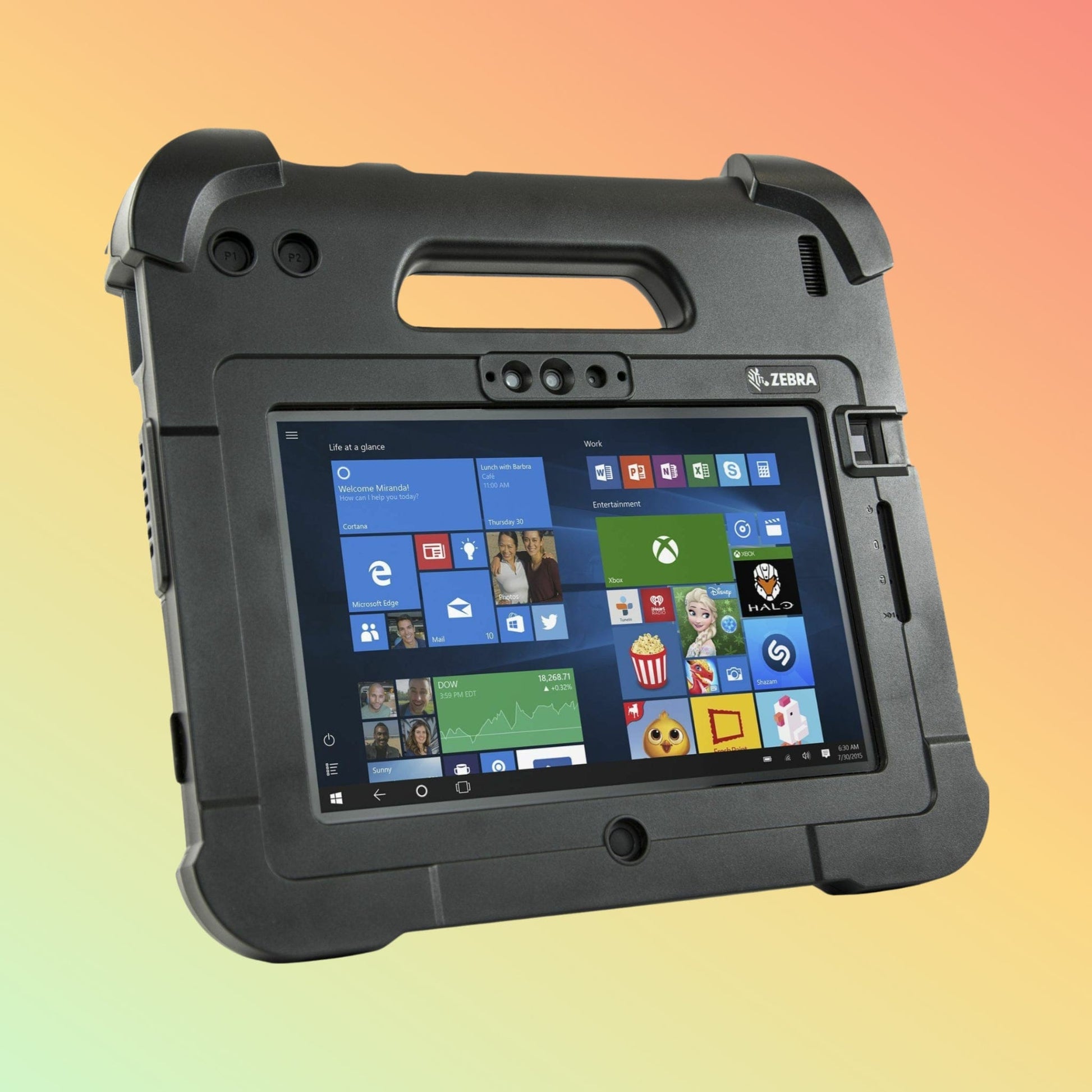 Front View of Zebra ET40 Rugged Tablet: A close-up of the Zebra ET40, showcasing its rugged design and Corning® Gorilla® Glass display.