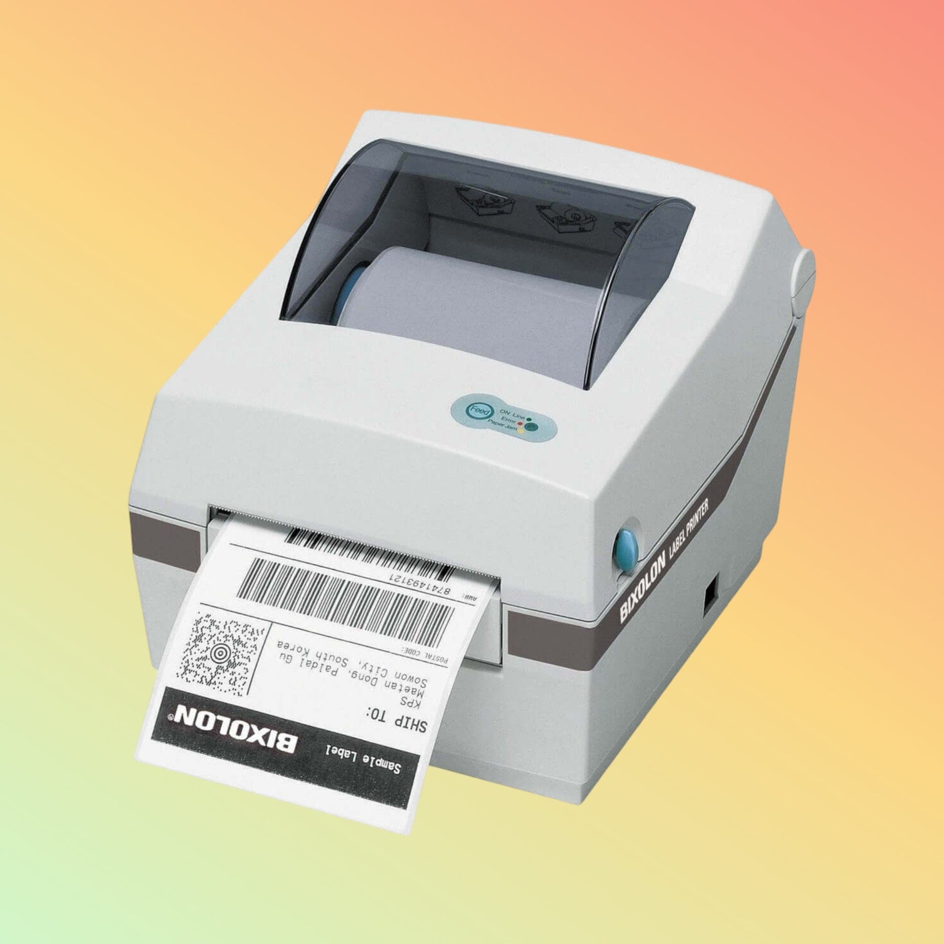 "Compact Bixolon SRP770 printer, supports varied label sizes 0.75-4.1in, for efficient healthcare and manufacturing labeling."