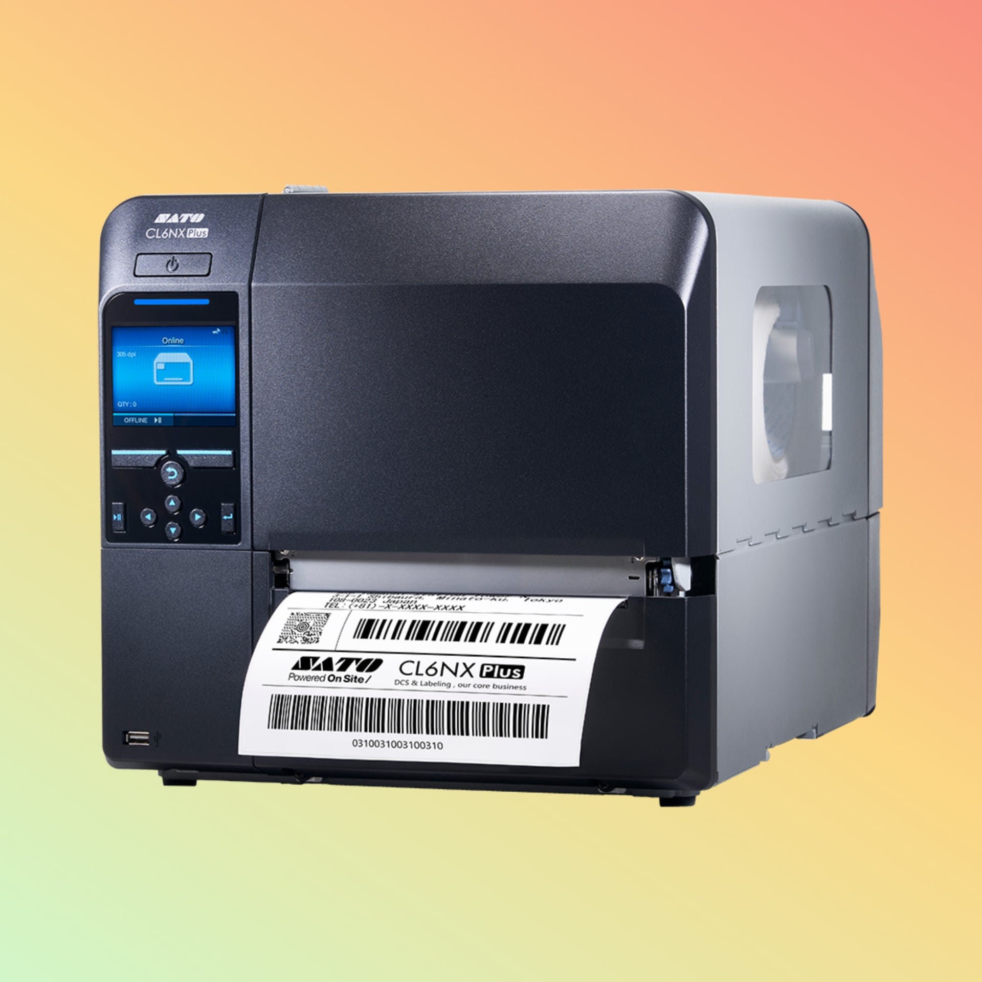 "SATO CL6NX Plus RFID Barcode Printer - Front View Displaying LCD Panel"