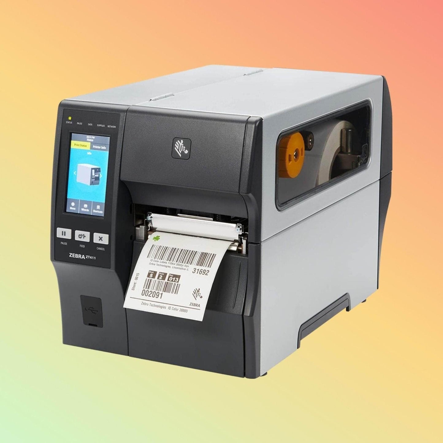 Zebra ZT411 Cutter Industrial Printer Front View with Touchscreen