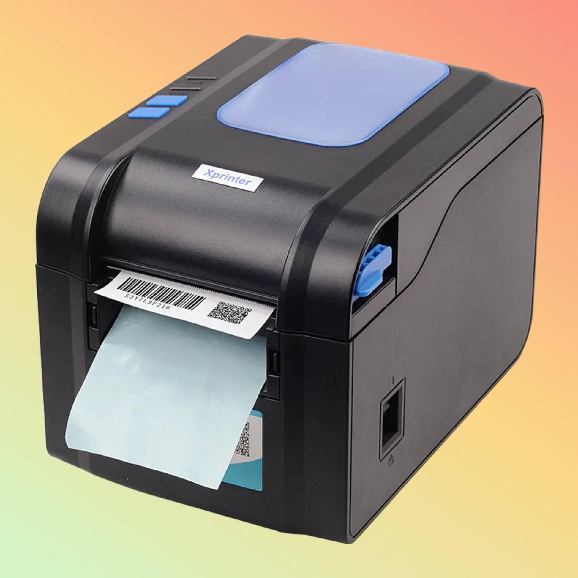 Xprinter XP-370B with thermal paper loaded, ready to print.